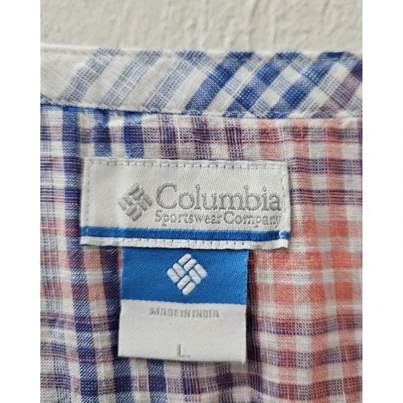 Columbia Women's Dress 3/4 Sleeve Size Large Blue Coral 100% Cotton Checkered - Picture 2 of 7